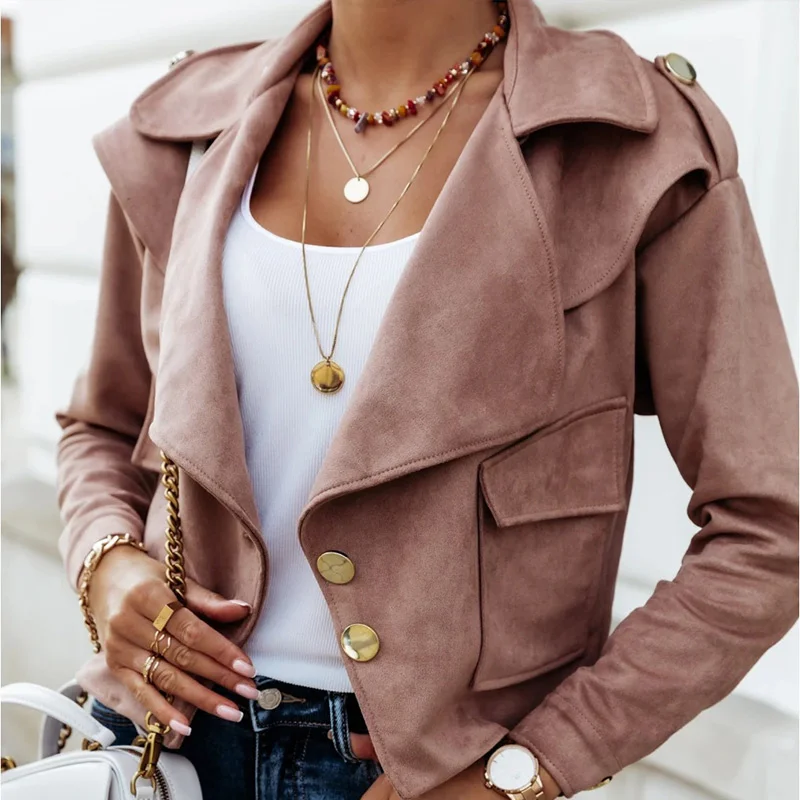 

2021 New Women's Jacket Single Breasted Solid Turn Down Collar Slim Short Autumn Ladies Coats Streetwear Casual Ladies Jacket