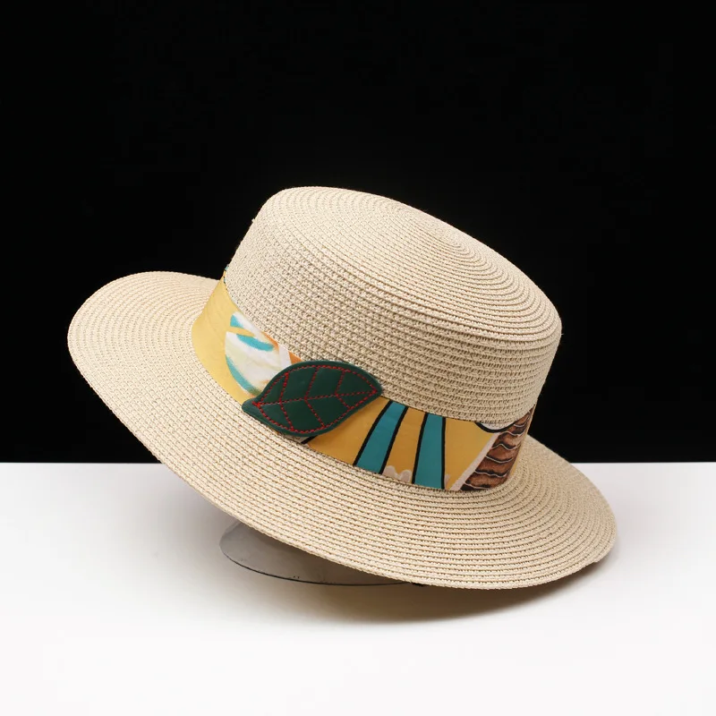 

British Style Woman Simple Artist Summer Beach Width Flat Brim Sunshade Original Straw Color Leaf Ribbon Embellish Glacier Hat