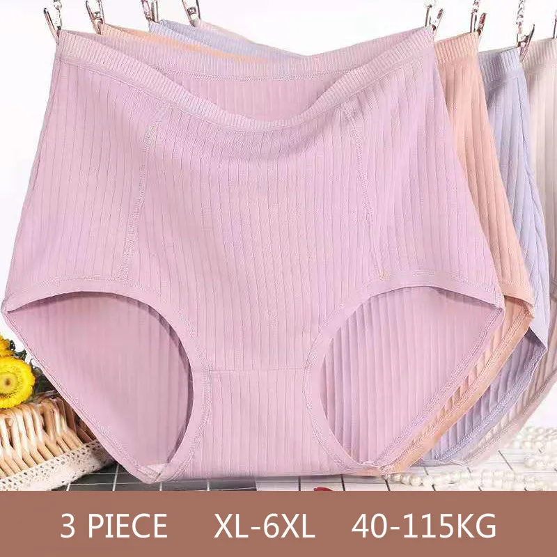 3Pcs/set Big Size XL~6XL High Waist Cotton Briefs Women's Lingerie Solid Panties Striped Underpants Breathable Underwear A26