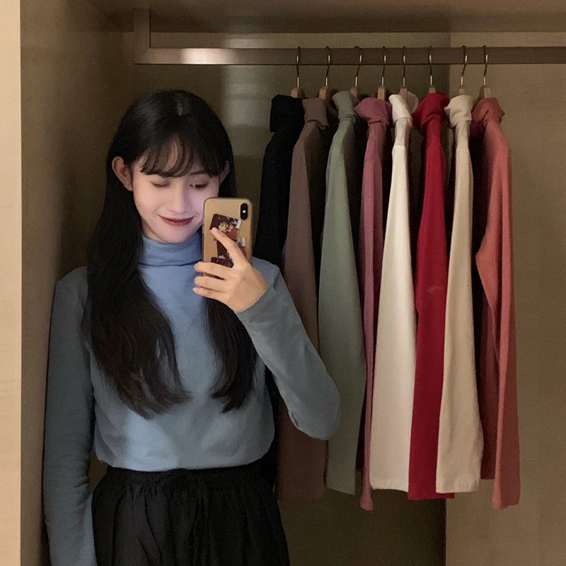 Good Quality Female Long Sleeve Turtle Neck T-shirt Solid Color Young Girls' Fashion Cotton Tees Casual Basic Tops Wholesale | Женская