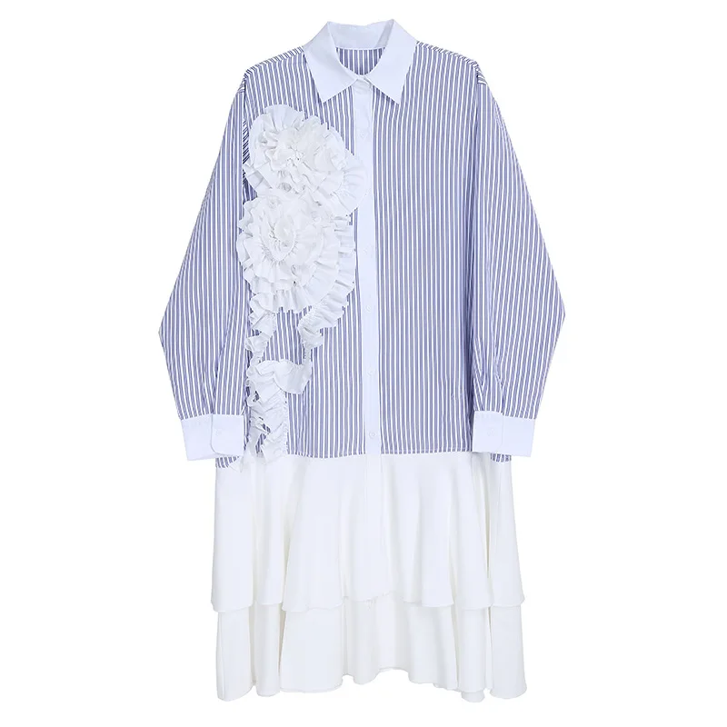 

SuperAen 2021 Spring New Appliques Loose Chiffon Striped Ruffles Patchwork Mid-Calf Turn-down Collar Summer Dresses for Women