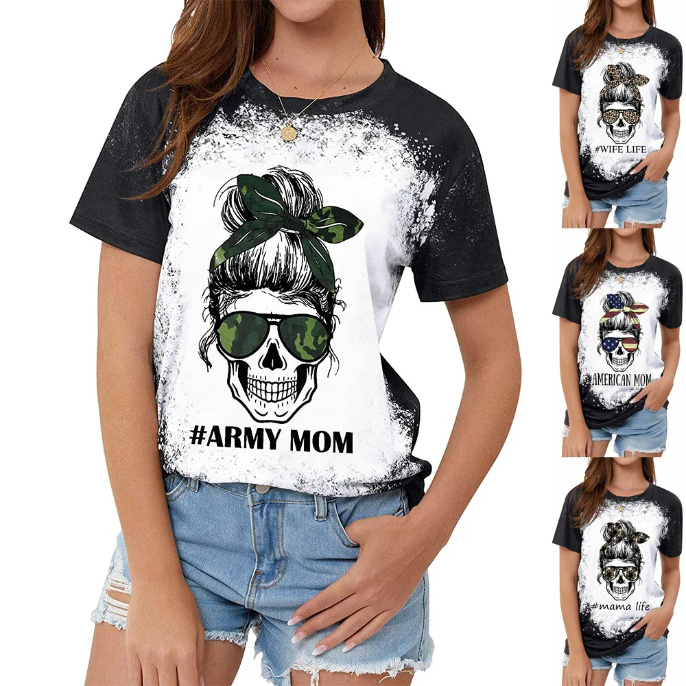 

2021 new women's blouse T-shirt Europe and America skull pattern printed round neck short sleeve T-shirt women's clothing