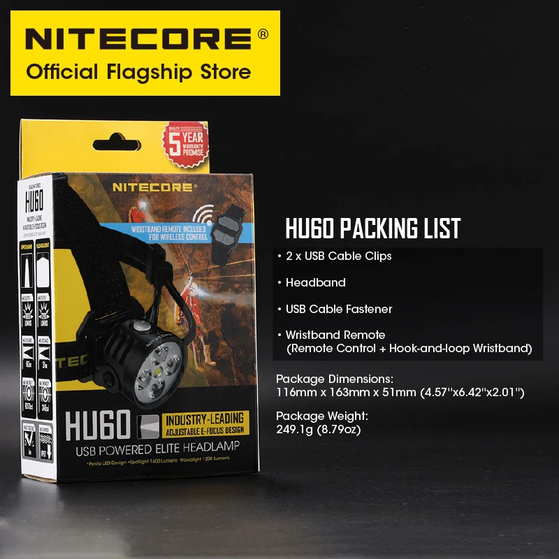Светодиодный налобный фонарь NITECORE HU60 с электронным фокусом и беспроводным