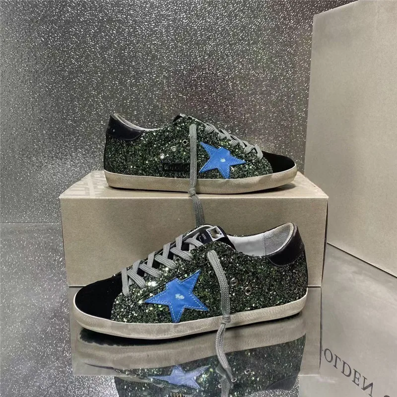 

2021 new South Korea distressed black Glitter stars dirty shoes men and women leather sneakers with increased flat shoes