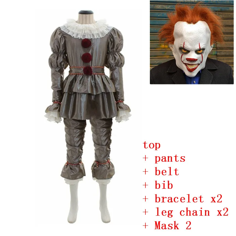 costume mask 2 Фильм Стивен Кинг это пеннивайз Косплей костюмы Маска пеннивайз клоун Страшный Джокер костюм комплект Хэллоуин костюм для взрослых - Цвет: costume mask 2