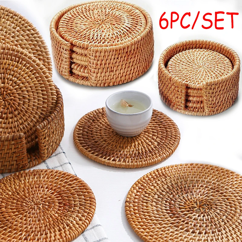

6PC Round Natural Rattan Coasters Bowl Pad Handmade Insulation Placemats Table Padding Cup Mats Kitchen Decoration Accessories