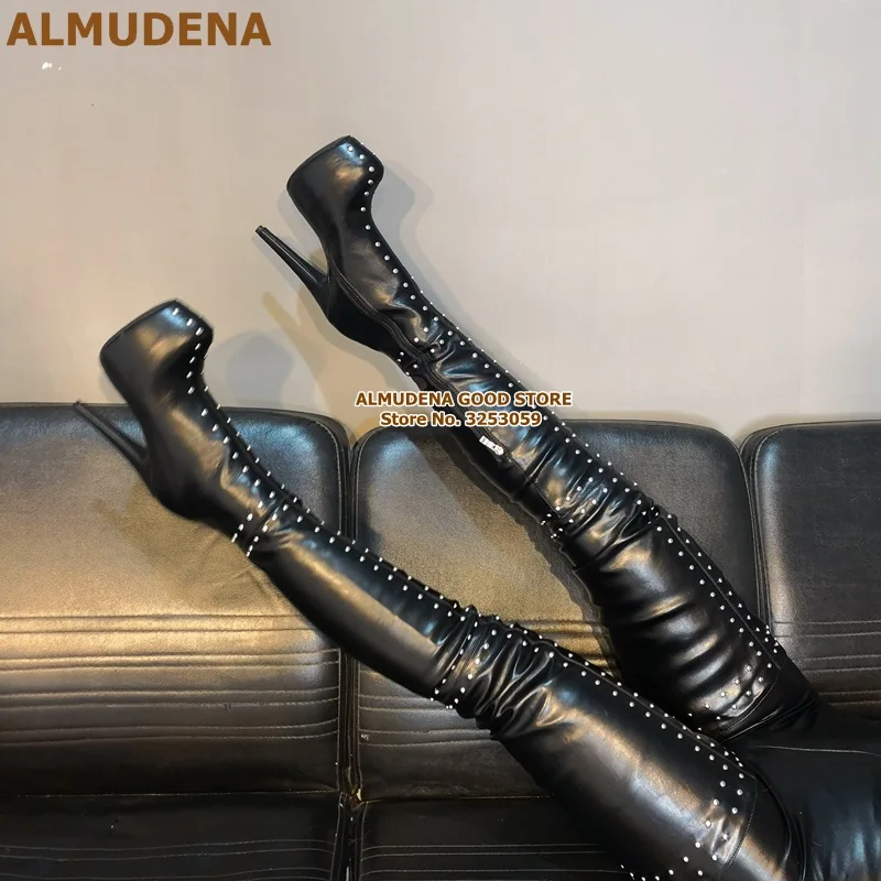 ALMUDENA Silver Studded Over Knee Long Boots Sexy Stiletto Heels Pointed Toe Thigh Metallic Punk Rivets Tall Size47 | Обувь