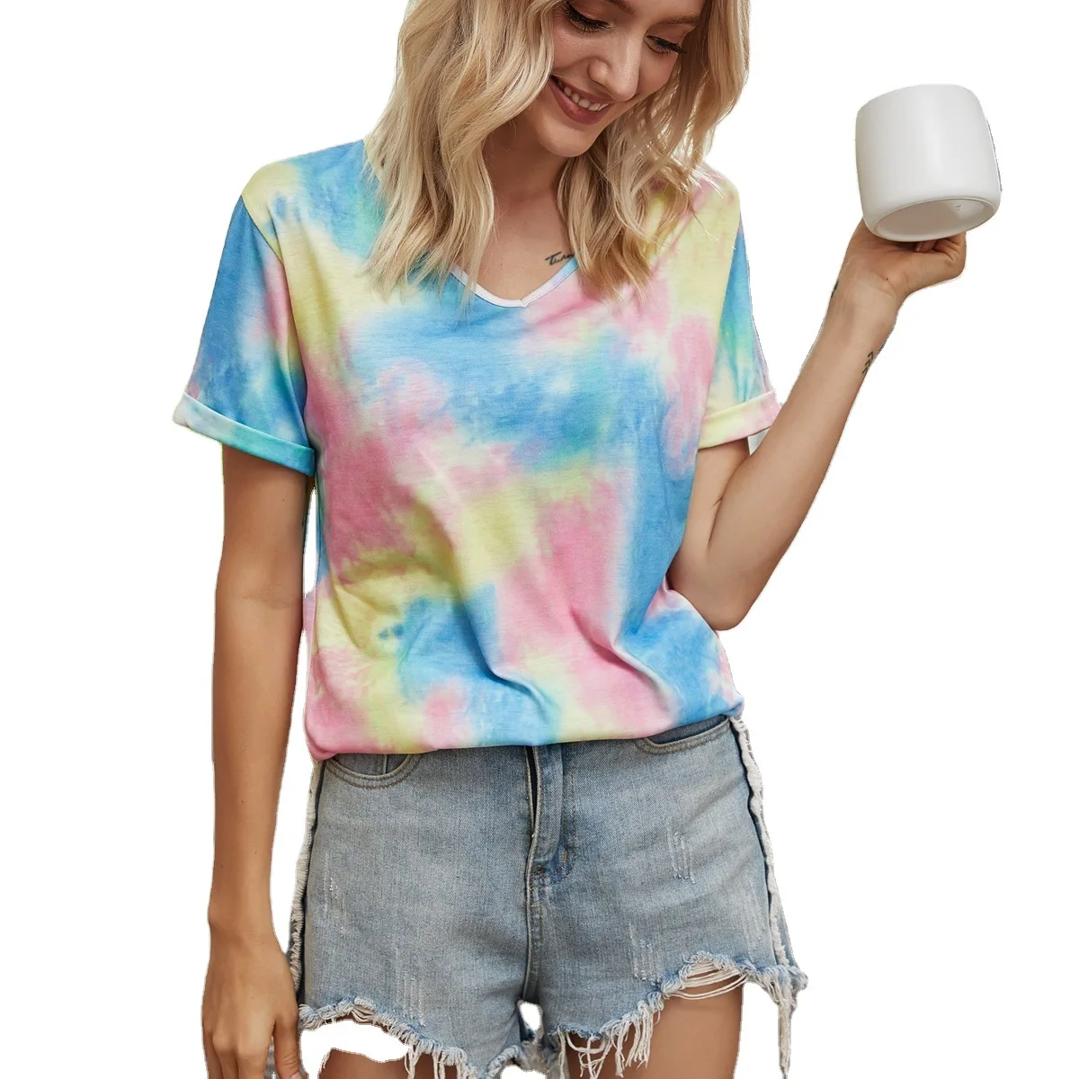 

2021 European and American spring and summer new clothes changing color tie dye short sleeve loose top T-shirt