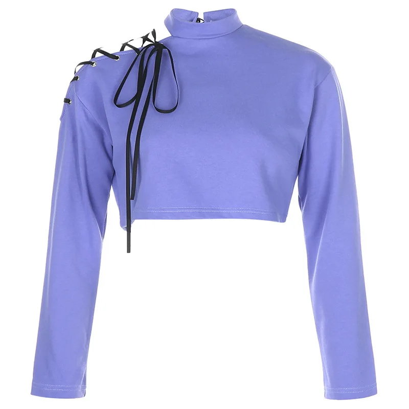 

Harajuku Lace Up Cropped Sweatshirt Hollow Out High Neck Pullover Autumn Winter Clothes Women 2020 Sweatshirts Kpop