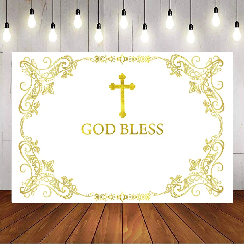 

White Theme Baptism Backdrop Golden Border Cross God Bless Ceremony Newborn Baby Banner Photography Studio Photo Background