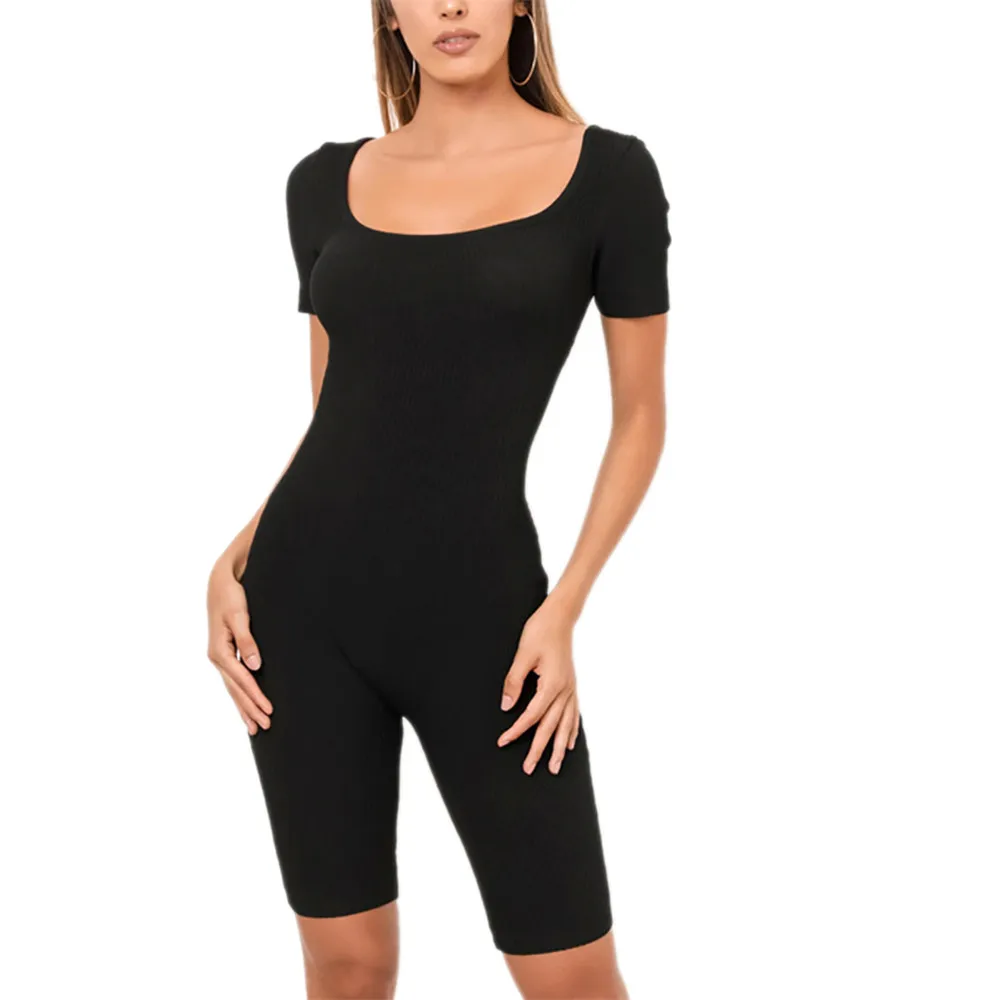 Комбинезон женский однотонный с коротким рукавом пикантный цельнокроеный