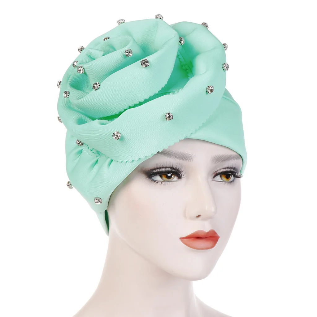 

New Fashion Big Flowers Artificial Diamond Muslim Turban Solid Color Indian Woman Wrap Head Hijab Caps Inner Hijabs - 7 Colors