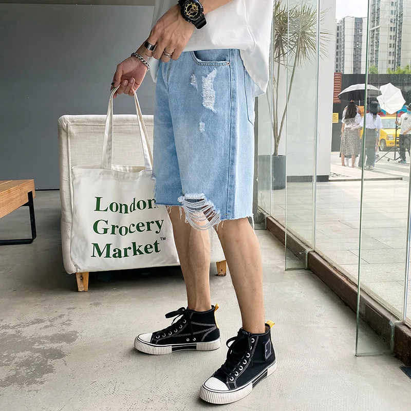 

2021 Summer New Men Vintage Ripped Short Jeans Streetwear Hole Slim Denim Shorts Male Brand Clothes