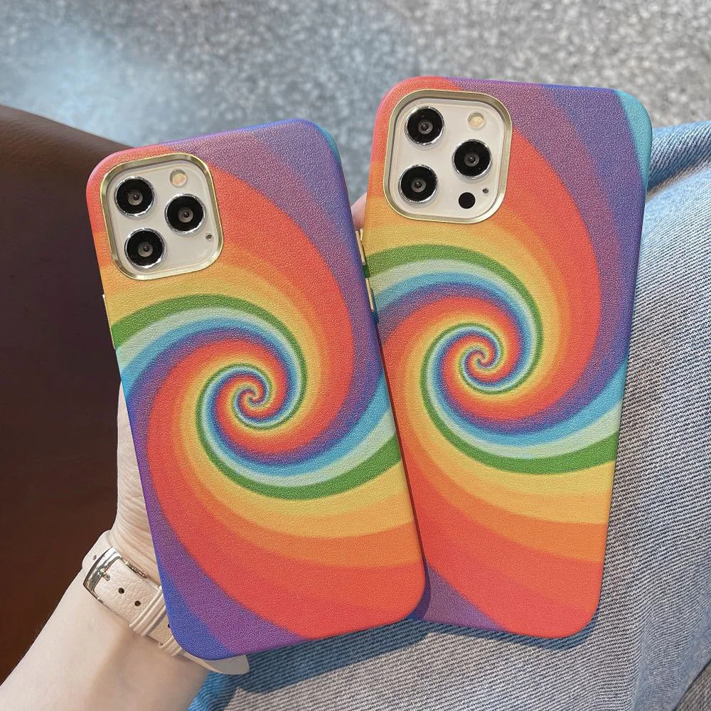 

YMW Rainbow Leather Case for iPhone 12 Pro Max mini Luxury Fashion Whirlpool High-end Artificial Leather Phone Cases Cover