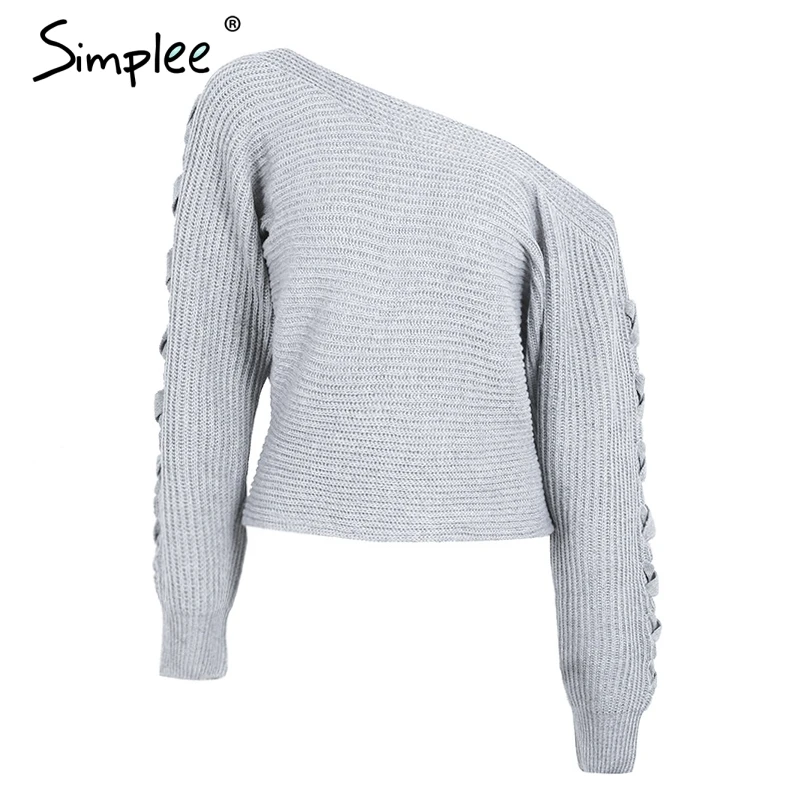 Simplee Sexy lace up winter knitted sweater pullover Women one shoulder loose jumper Autumn batwing sleeve gray | Женская одежда