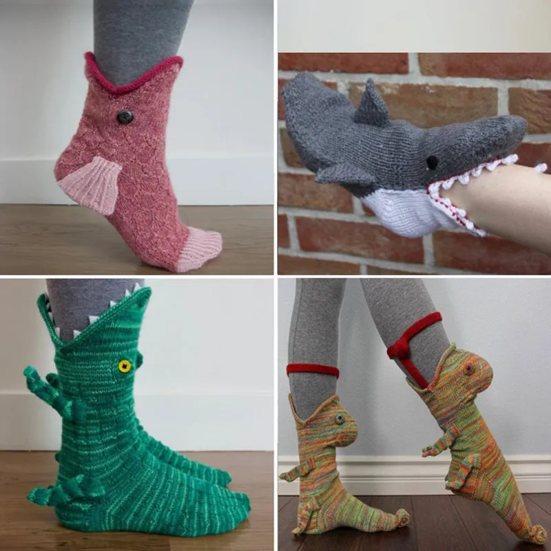 Christmas Gift Shark Fish Chameleon Crocodile Knitted Socks Cute Cartoon Unisex Funny Socks Winter Warm Floor Sock for Men Women