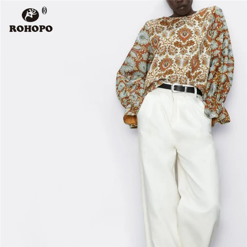 ROHOPO круглый воротник Добби Цветочный Ретро стиль осенняя блузка длинный рукав