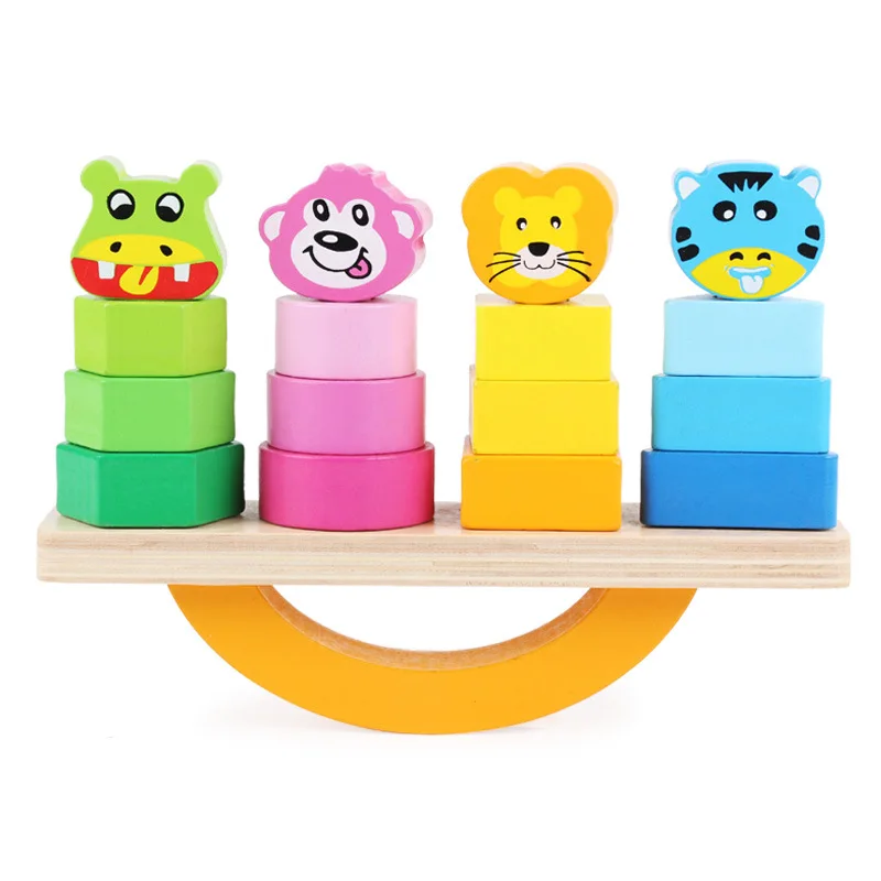 

New Animal Balance Toy Wooden Children's Educational Geometric Shape Building Blocks Set of Four-column Blocks Gift for Children