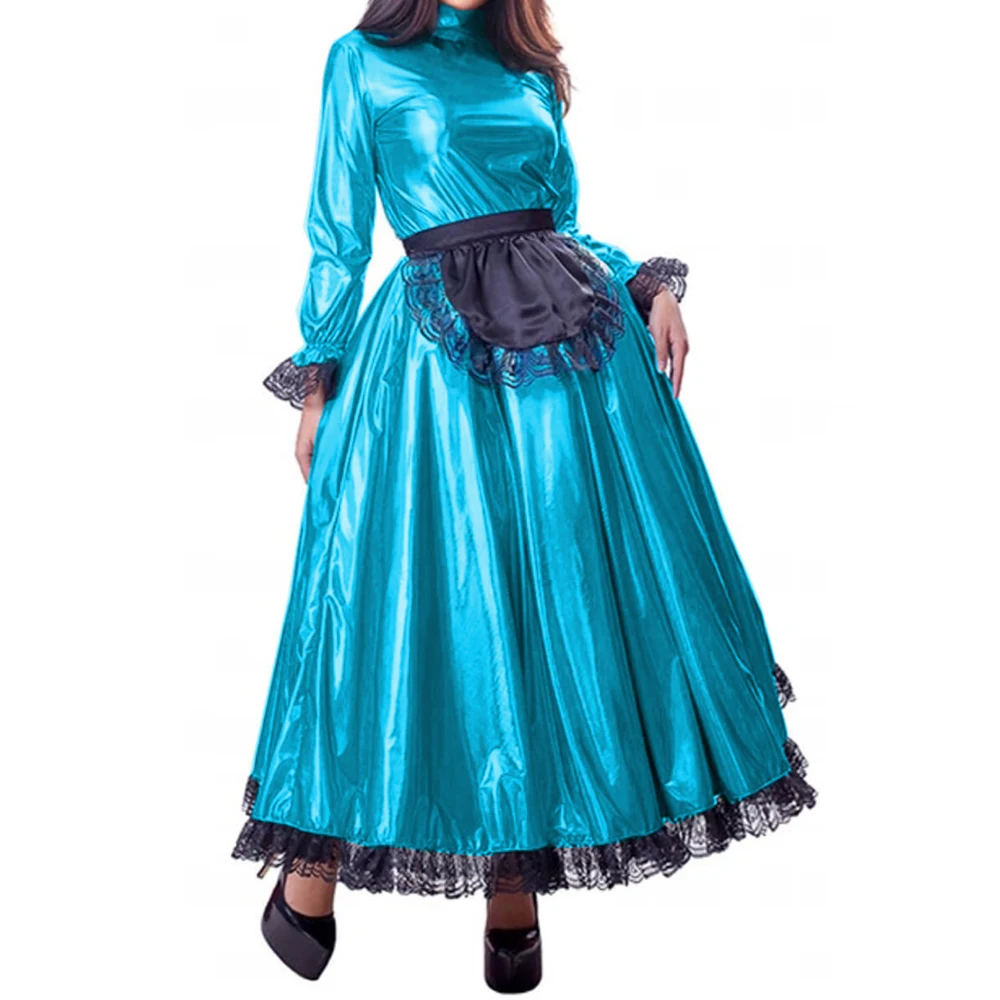 Французский ПВХ Сисси горничной длинное платье Костюм Косплэй с длинным рукавом