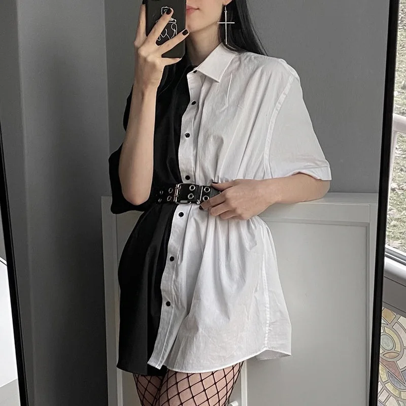 

Streetwear Black White Long Blouse Shirt Patchwork Contrast Color 2021 Fashion Women Blouses Tops Loose Cardigan Sale
