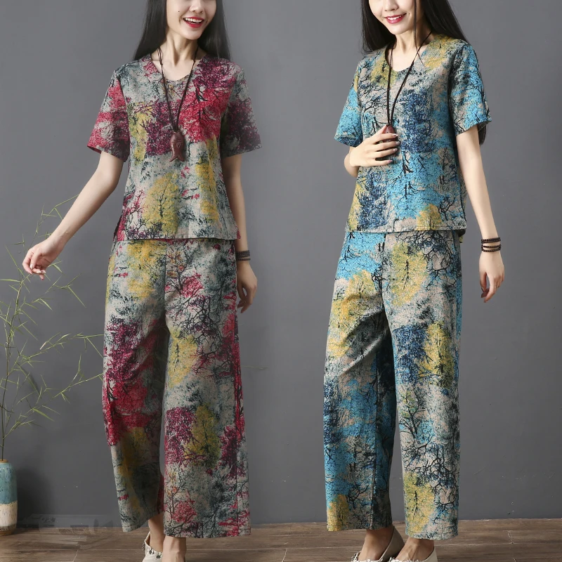 

JXMYYplus size women's imitation ice silk printing suit women's summer short-sleeved shirt wide-leg pants two-piece trendy women