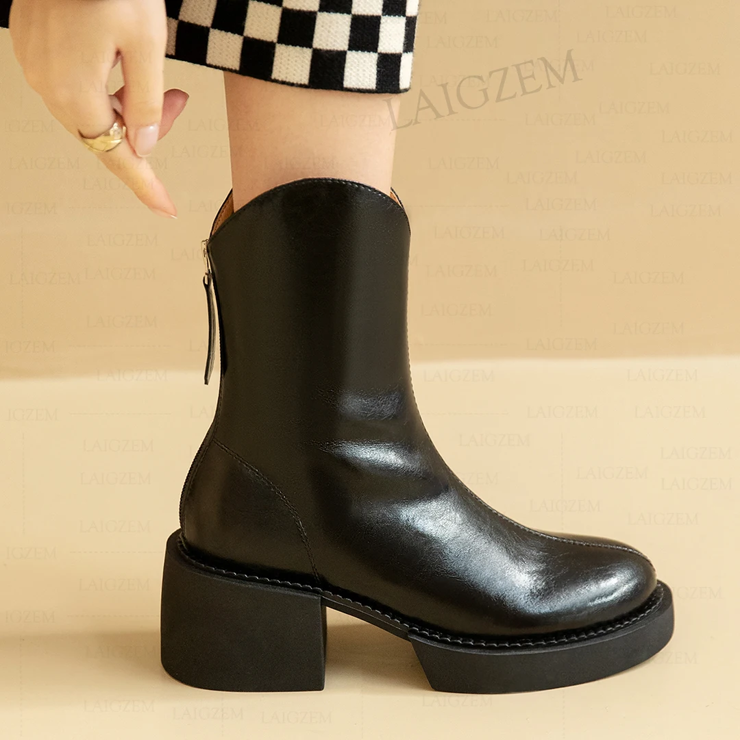 

LAIGZEM Women Ankle Boots Real Leather Thick Fur Mid Heels Back Zip Short Bootis Winter Warm Ladie Shoes Woman Size 33 36 38 40