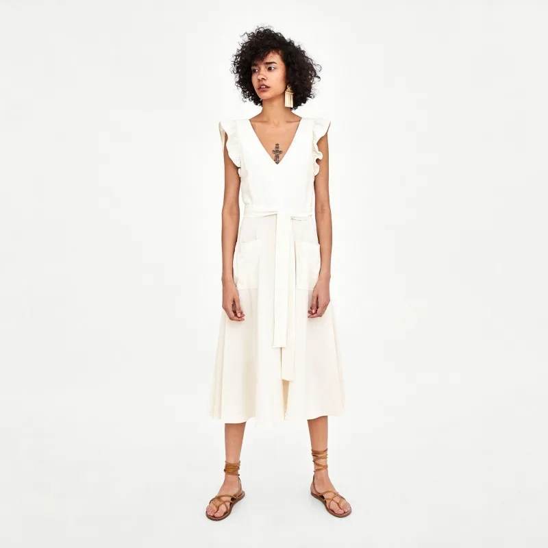 Elegant Ruffled White Dress Women Sleeveless Backless Bow Midi Summer Pocket Casual Sexy V-Neck Beach 2020 Vestido | Женская одежда