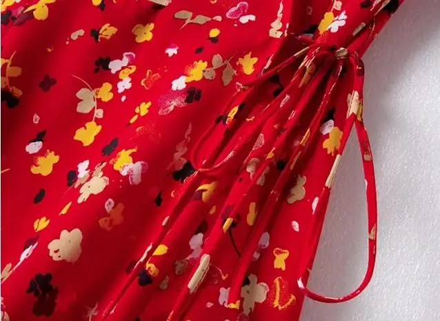 

Women Red Flower Printed Wrap Dress Summer Short Sleeve V Neck Sweet Sexy Chic Midi Dresses With Sashes