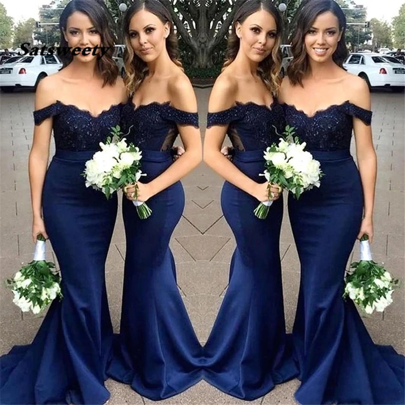 

Navy Blue Mermaid Bridesmaid Dresses Off Shoulder Chiffon Satin Garden Wedding Guest Party Dresses Boho Maid Of Honor Prom Gowns