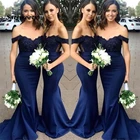 Темно-синие платья подружки невесты с юбкой-годе, шифоновые атласные садовые платья с открытыми плечами для гостей свадьбы и вечеривечерние, платья в стиле бохо для подружки невесты, платья для выпускного вечера