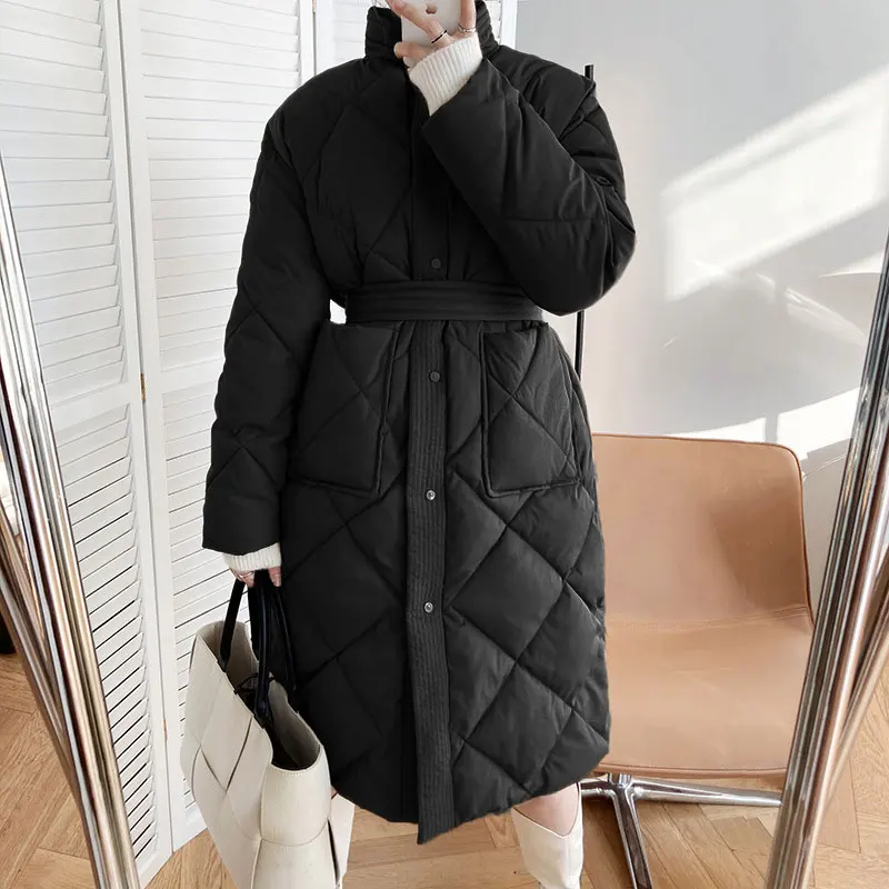 Women's Casual Winter Stand-up Collar Argyle Pattern Oversized Down Jacket Chic Parka New Korean Style Long Cotton-padded Coat