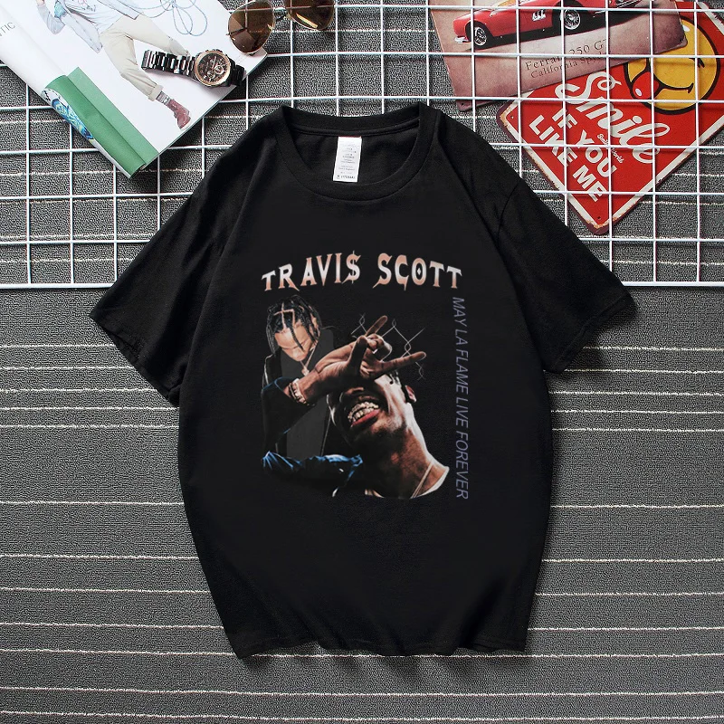 

Summer Hip Hop Streetwear Men T-Shirt Travis Scott May La Flame Live Forever T Shirt for Men Graphic Tees Top Cotton Tshirts