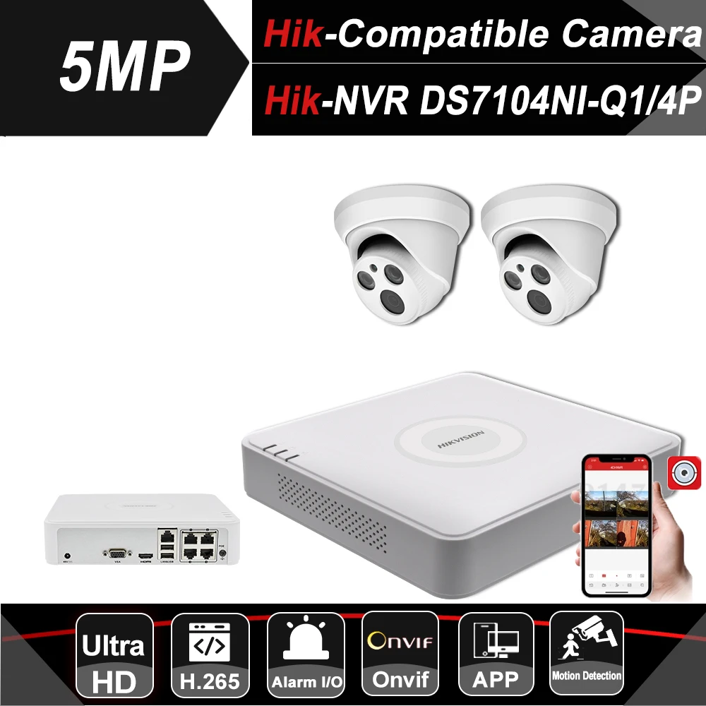 Hikvision NVR 5MP 2 шт. видеонаблюдения Системы комплект с NVR7104NI Q1/4P совместимый IP Камера