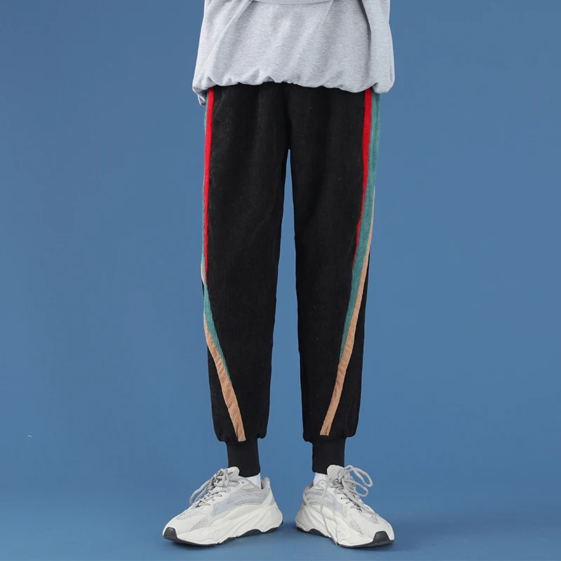 

2020 New Autumn Men Casual Pants Rainbow Stripes Drawstring Corduroy Trousers Japan Style Black Plus Size Loose Joggers Man
