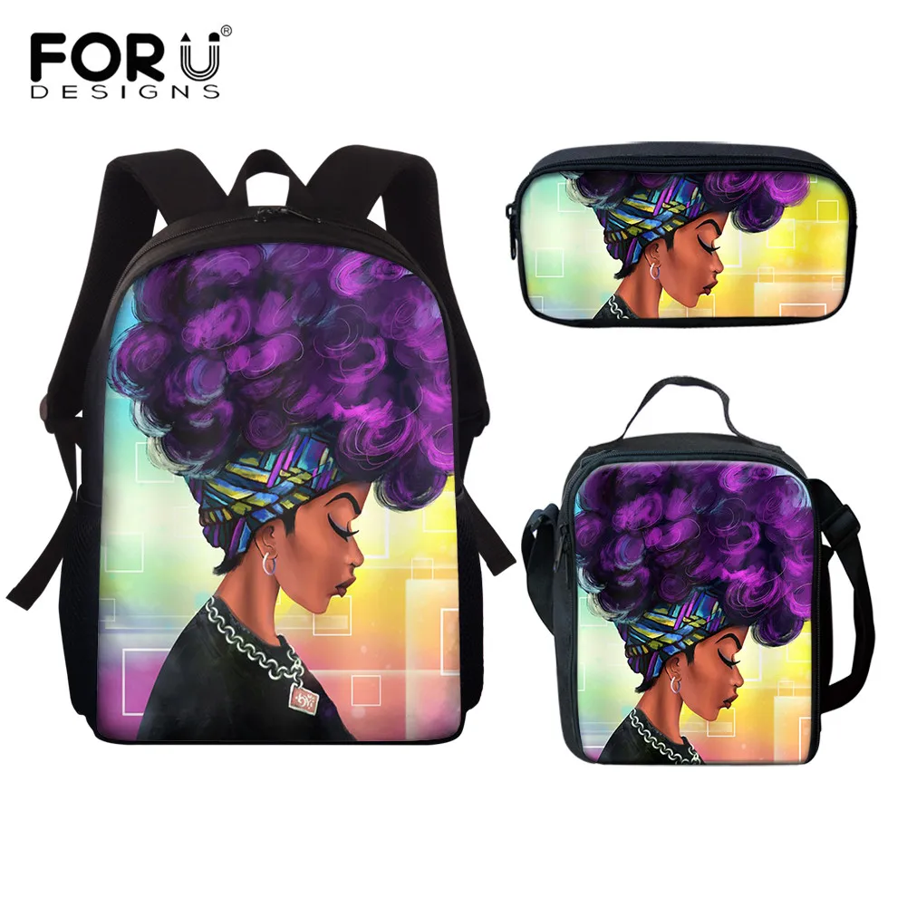 

FORUDESIGNS 2021 Fashion Teenagers Schoolbags Cartoon Africa Girl Pattern Print Bookbags Large Capacity Backpack and Lunch Bags