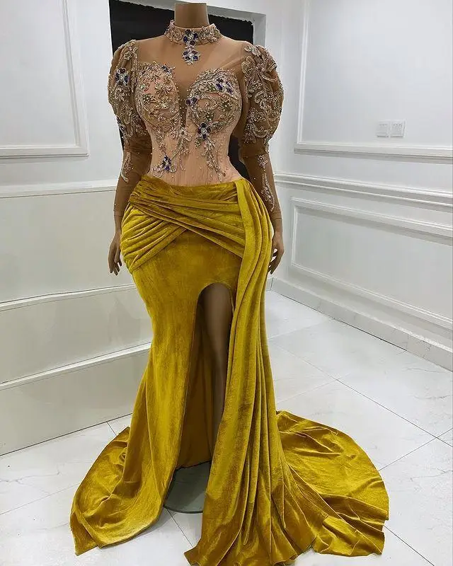 

2022 Plus Size Arabic Mermaid Prom Dresses Sexy Side Split High Neck Long Sleeve Beaded Evening Gowns Sweep Train Formal Wear