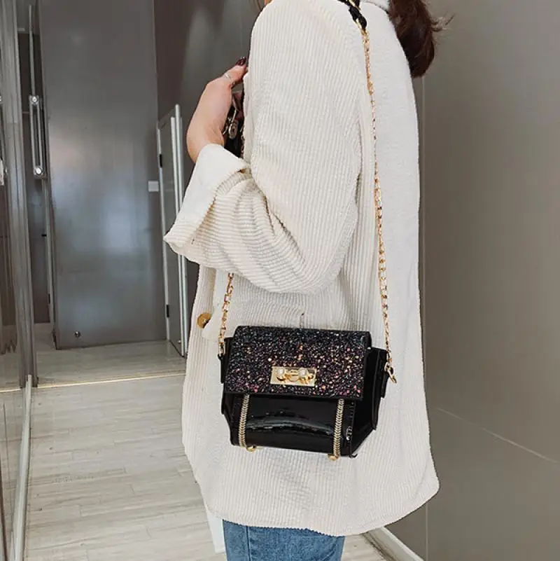 Модная сумка через плечо из лакированной кожи с блестками женская на