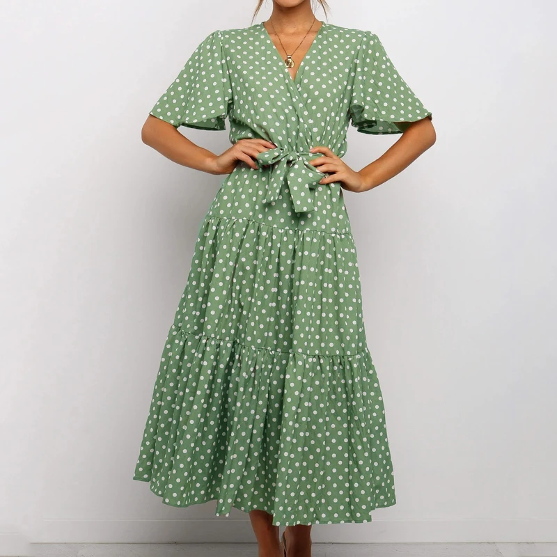 Платье женское длинное в горошек элегантный винтажный пляжный Сарафан Макси