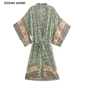 Женское кимоно с цветочным принтом, длинная рубашка в стиле бохо с геометрическим принтом, Длинный свободный кардиган с завязкой-бантом и поясом, одежда для отдыха, 2020