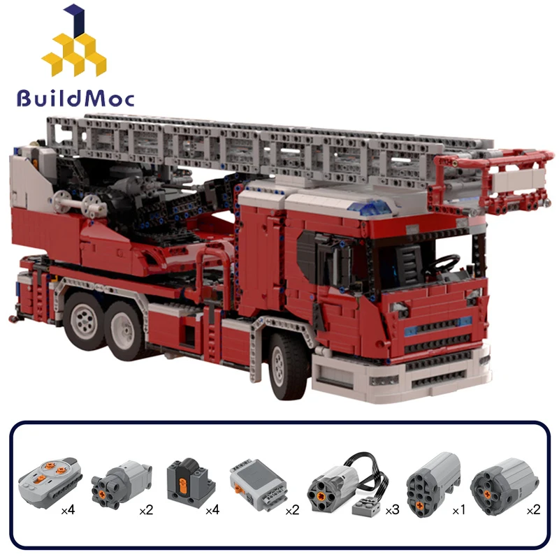 

Buildmoc Rescue Truck MOC-60361 Scanias L Fire Engine with Turntable Ladder Full RC Vehicle Technical Motor Building Blocks Toys