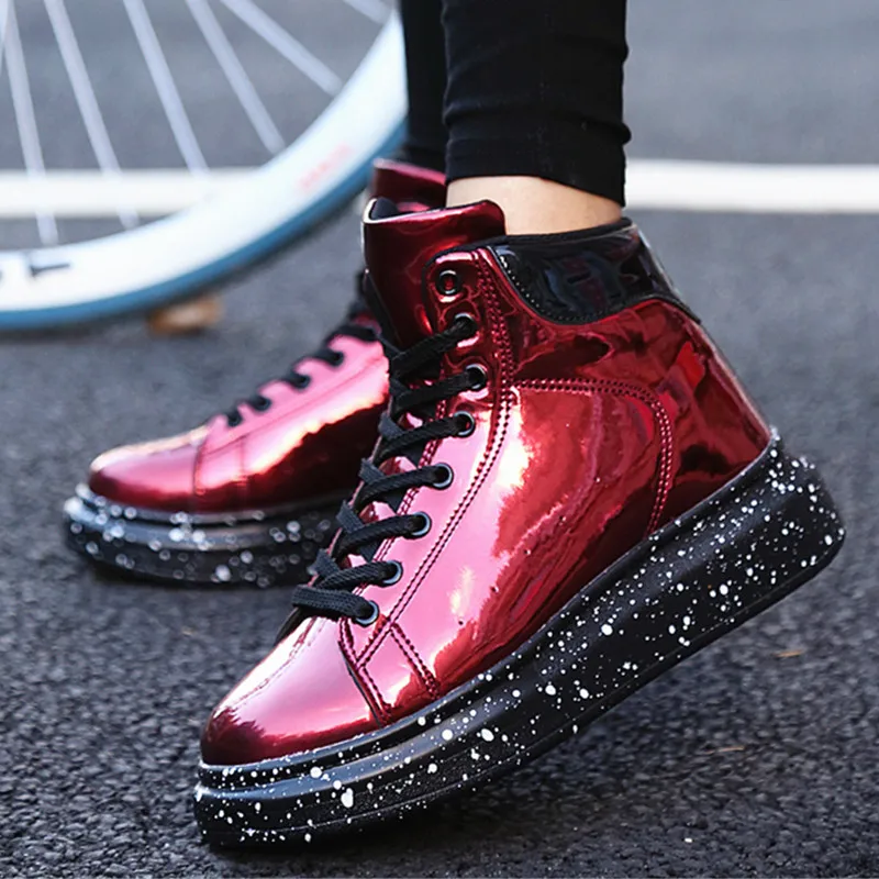 Кроссовки женские из лакированной кожи высокие толстая подошва зеркальные до