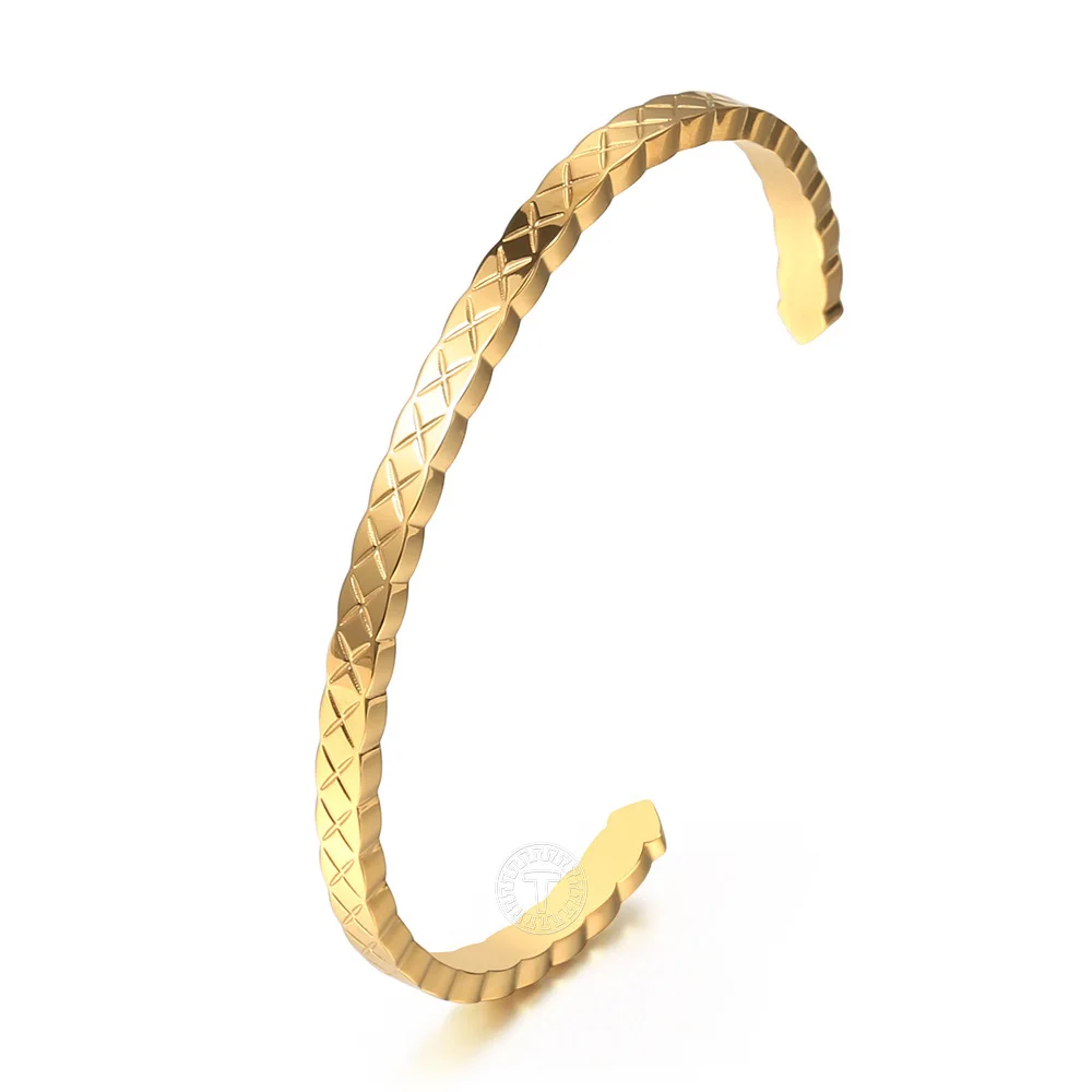

Vintage Opening Bangle Bracelet For Women Girls Gold Color Stainless Steel Carved Leaf Rhombus Wrist Gifts Jewelry KG202