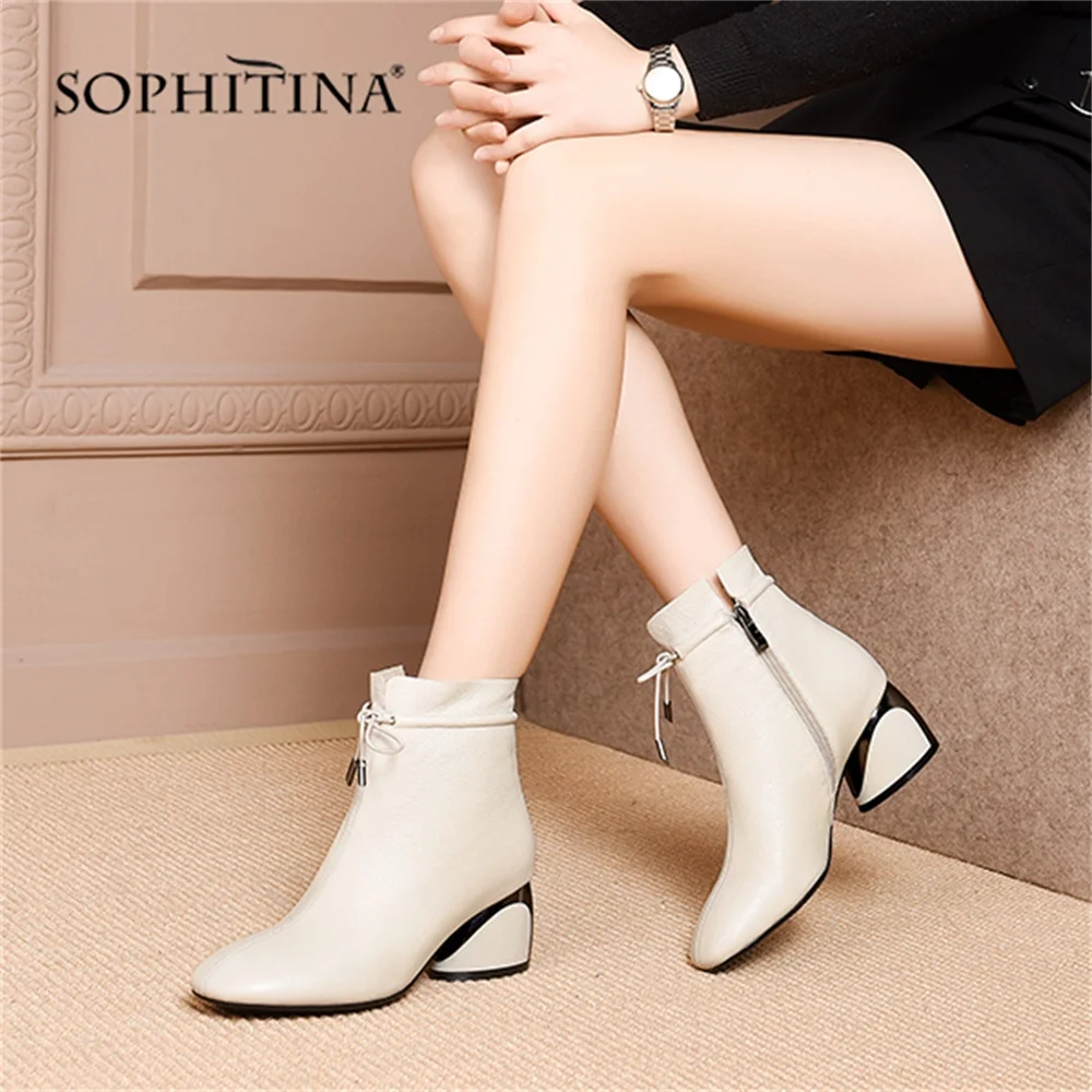 SOPHITINA Special Design Square Toe Boots High Quality Genuine Leather Fashion Zipper Shoes Round Heel Elegant Ankle PO208 | Обувь