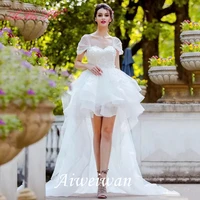 a line wedding dresses bateau neck chapel train asymmetrical organza short sleeve country romantic dress cute with ruffles 2021