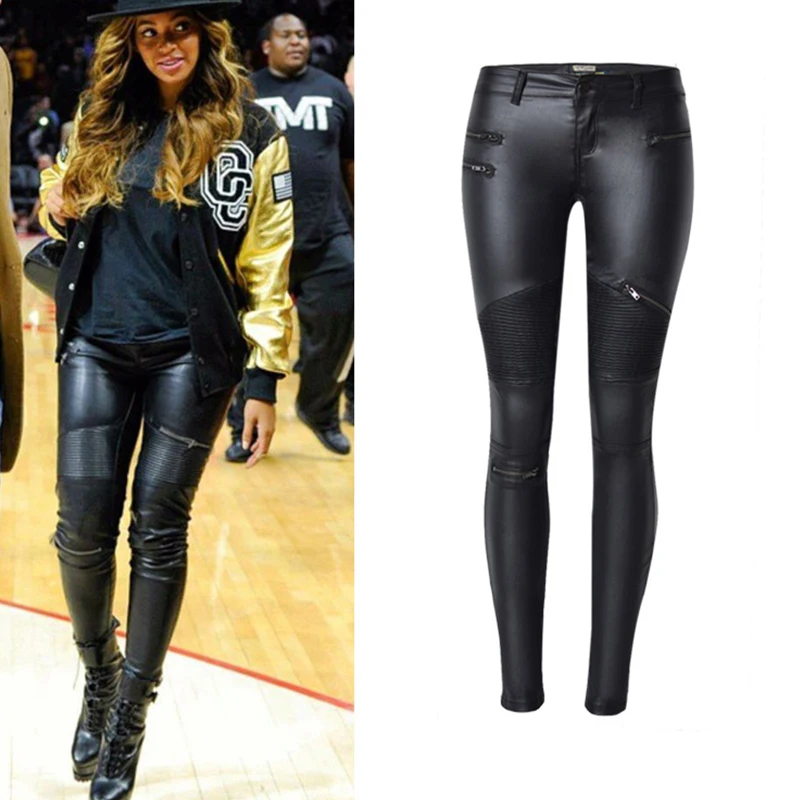 Осень 2021 модные эластичные женские брюки из искусственной кожи с высокой талией