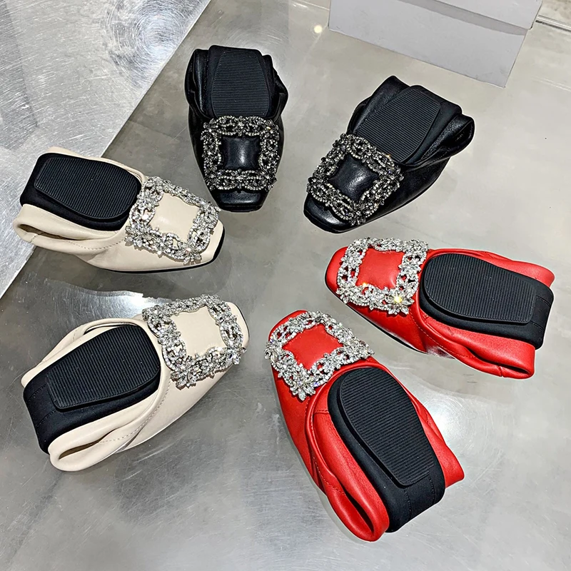 

Mюли женские Мокасины Балетная женская обувь Осень 2021 г. Новинка: квадратный носок со стразами на плоской подошве из воловьей кожи с мелкой п...