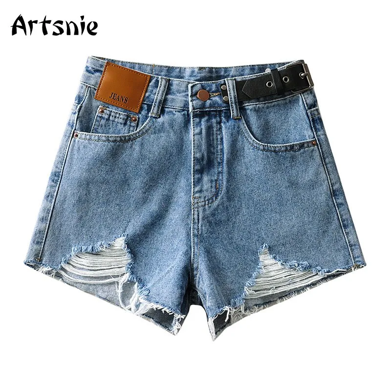 

Artsnie High Waist Hole Blue Shorts Women Spring 2021 Streetwear Casual Denim Shorts Pockets Jeans Ripped Ladies Shorts Femme