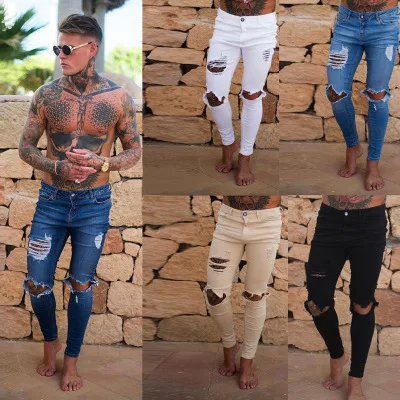 

2021 Модная брендовая уличная одежда мужские новые джинсы ретро облегающие рваные джинсы Рваные рваные старые панковские эластичные хип-хоп ...