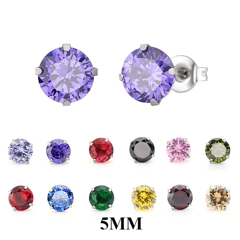 

5MM Claw Crystal AAA Colorful Cubic Zirconia Gold Silver Color Black Anti-allergy 316L Stainless Steel Stud Earrings