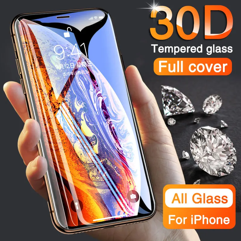 

30D Full Cover Screen protector on for iPhone 11 Pro X Xr Xs Max Curved edge Tempered Glass on iPhone 6 7 8 Plus Protective Film